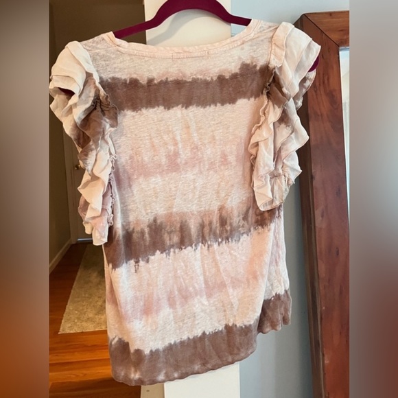 Young Fabulous & Broke Pink White Brown Ruffle Shoulder 100% Linen Short Sleeve - Picture 4 of 5